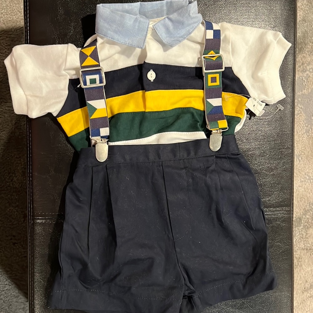 NWOT JC Penney Infant Boy Dressy Striped Polo Shirt Suspenders Shorts Nautical